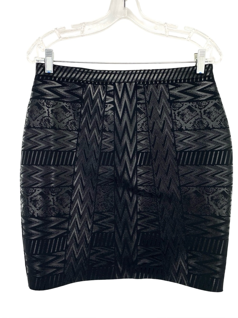 Straight Pencil Skirt Black Geometric Tribal Pattern Ponte Stretchy Bodycon XL
